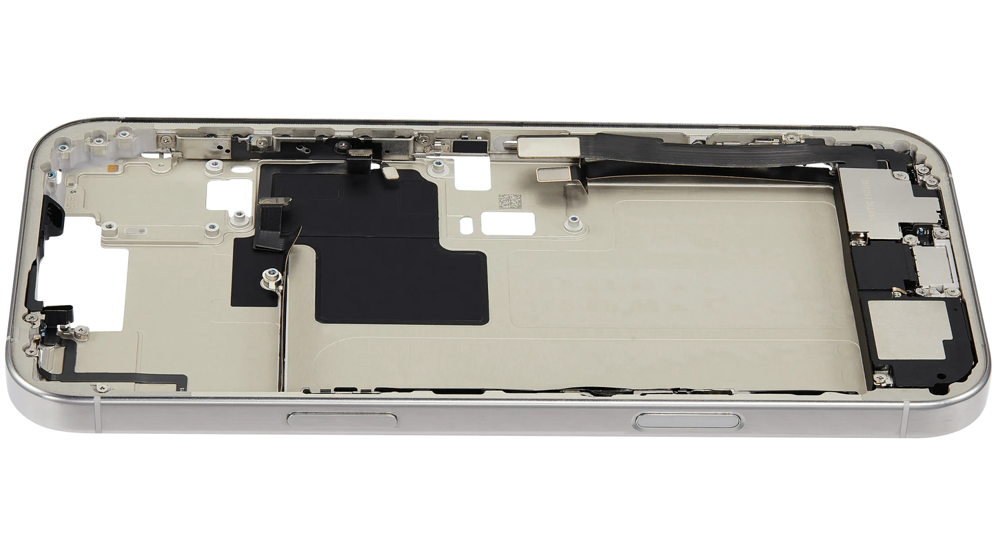 Mid-Frame Housing W/ Charging Port Flex & Small Parts For iPhone 16 Pro Max (EU / Global Version) (Used OEM Pull: Grade C) (White Titanium)