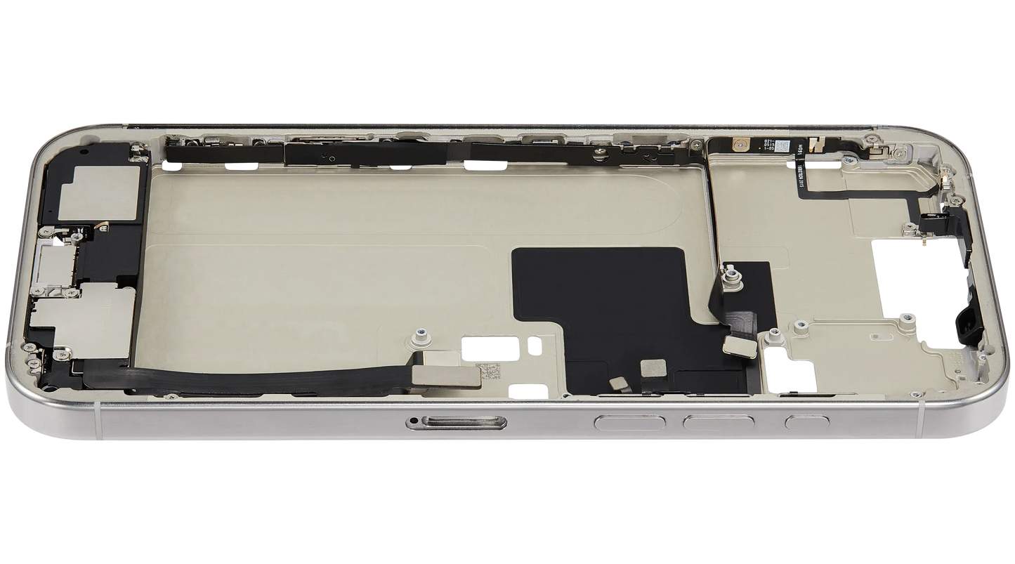 Mid-Frame Housing W/ Charging Port Flex & Small Parts For iPhone 16 Pro Max (EU / Global Version) (Used OEM Pull: Grade C) (White Titanium)