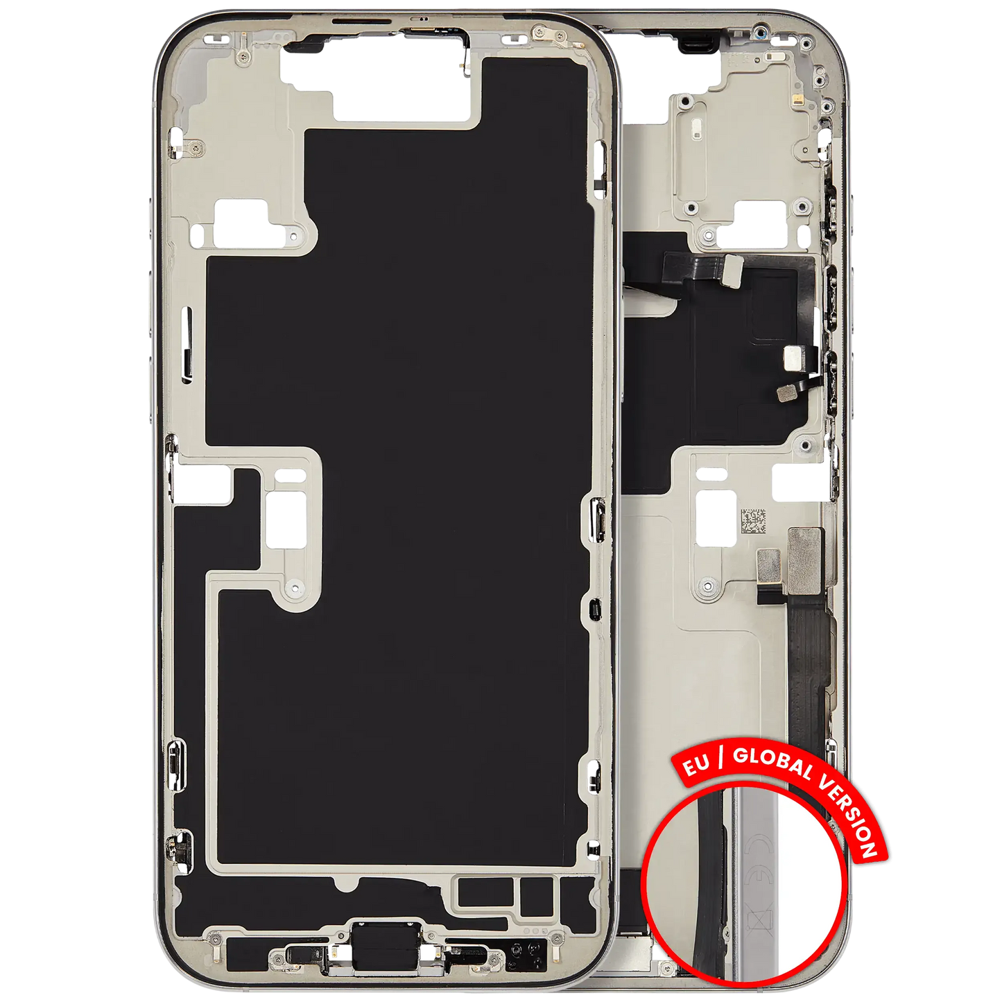Mid-Frame Housing W/ Charging Port Flex & Small Parts For iPhone 16 Pro Max (EU / Global Version) (Used OEM Pull: Grade C) (White Titanium)